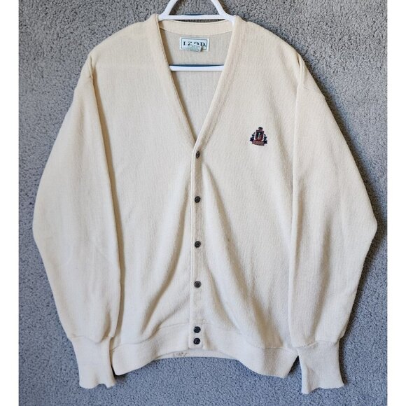 Izod Other - VTG Izod Cream Crest Logo Button Front Cardigan Sweater Size XL USA Made Acrylic